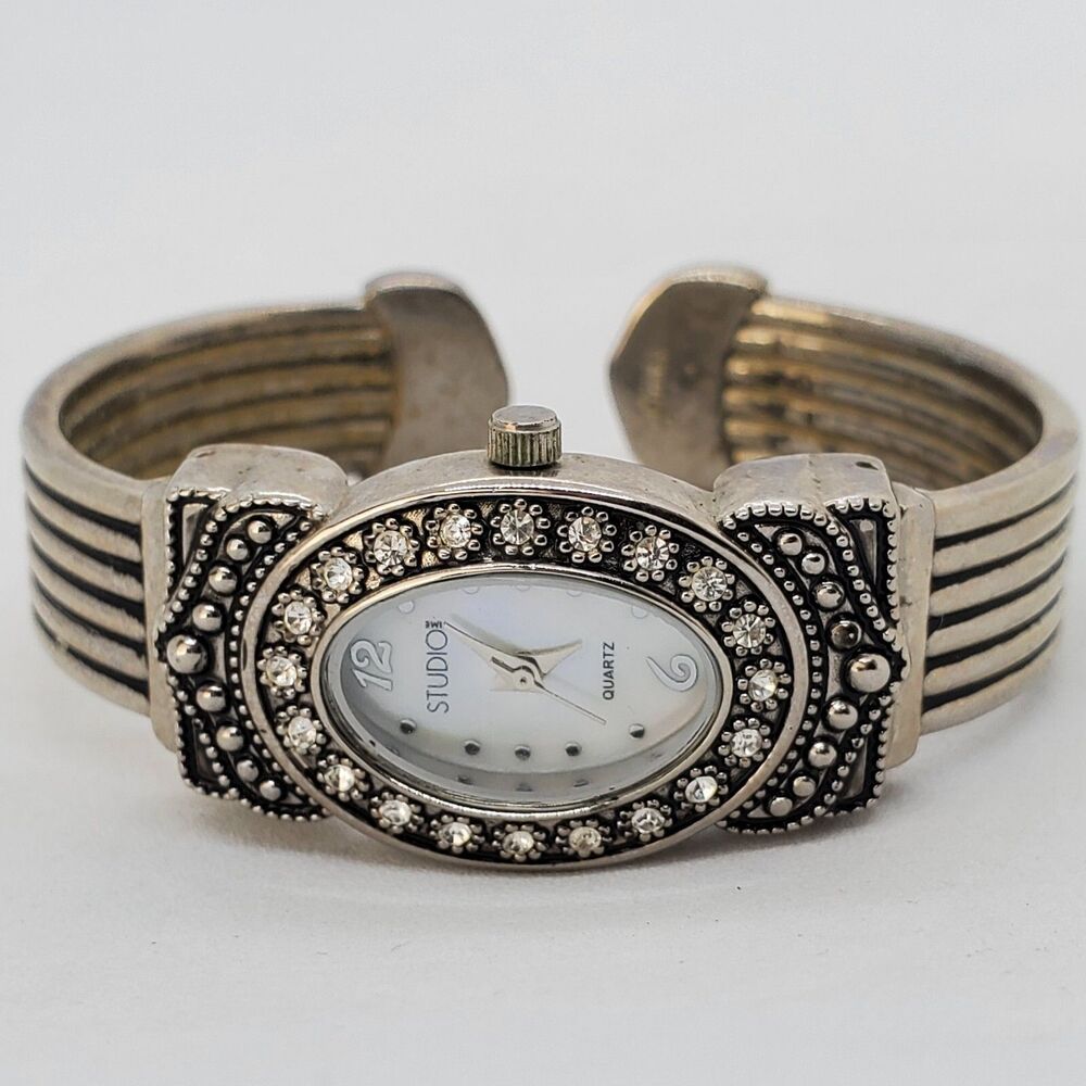 Studio Women's Open Cuff Watch 20MM Black Gray Tone Bracelet 5.5" New Battery
